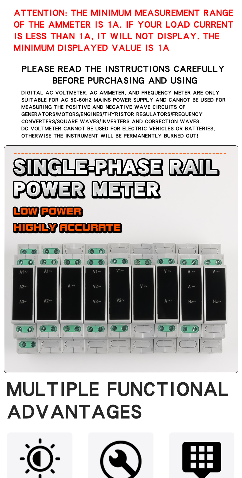 DIN Rail Mount Three Phase Mini Voltmeter AC 80-500V 0-100A Ammeter LED Digital Display IP65 Rated ABS Material Frequency Meter
