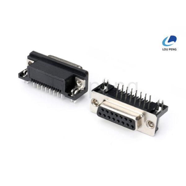 15PIN Female D-SUB Connector 8.08mm half gold black vinyl, riveted harpoon, 90 degree