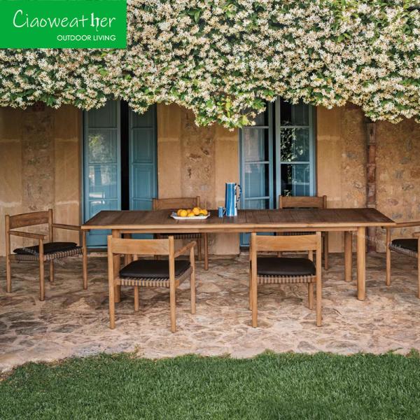 Modern Hotel Outdoor Furniture Set PE Rattan Solid Teak Wood Courtyard Chair and Garden Dining Table with Outdoor Cushion