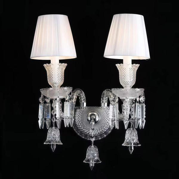 JYLIGHTING Vintage 2-Head Crystal Wall Sconce, Cut Crystal & Fabric Shade Wall Light for Living Room & Hotel Decor