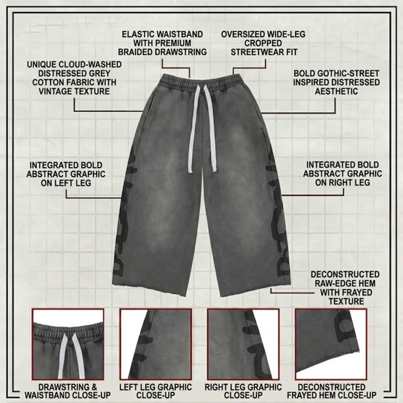 Custom Vintage Washed Wide Leg Sweatpants with Side-Leg Artwork and Raw Hem Style