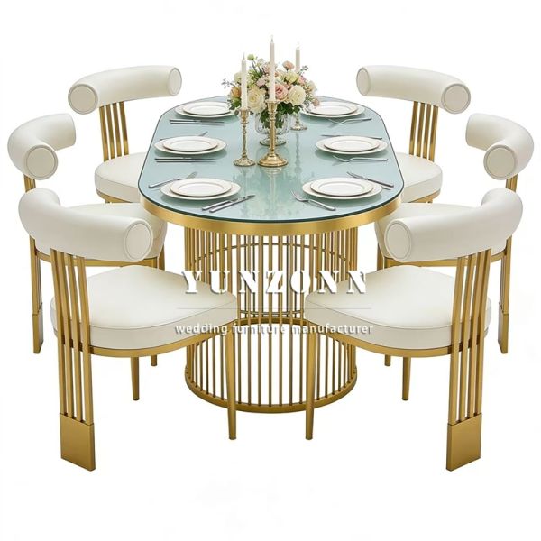 Luxury Stainless Steel Restaurant Banquet Party Modern Dining Wedding Tempered Glass Durable Table