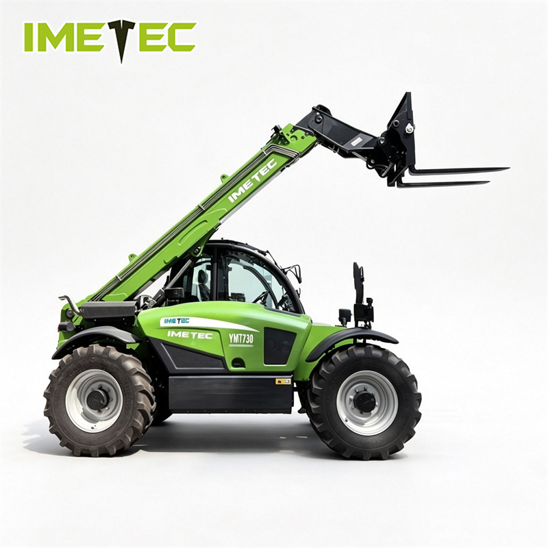 IMETEC Electric Telescopic Handler Forklift Rubber Off Road Tires 4 Wheel Steering