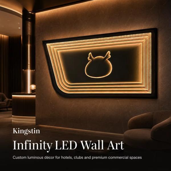 Kingstin Custom Black Metal Infinity LED Mirror Wall Art for Hotel Lobbies, Clubs & Lounges, 8+ Years OEM Project Support