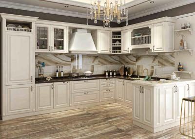 Armários de cozinha luxuosos da madeira maciça de Primery em L forma e com armário alto