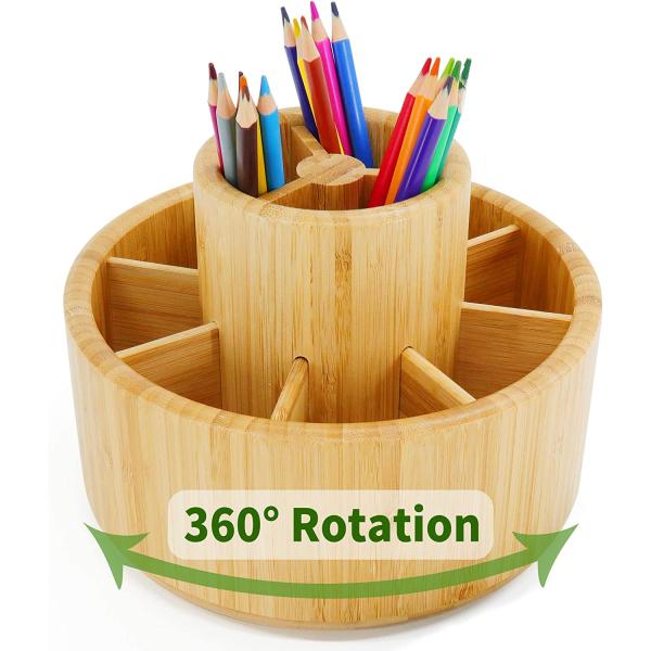 Customized Logo Acceptable Bamboo Rotating Desk Organizer for Desktop Storage Caddy
