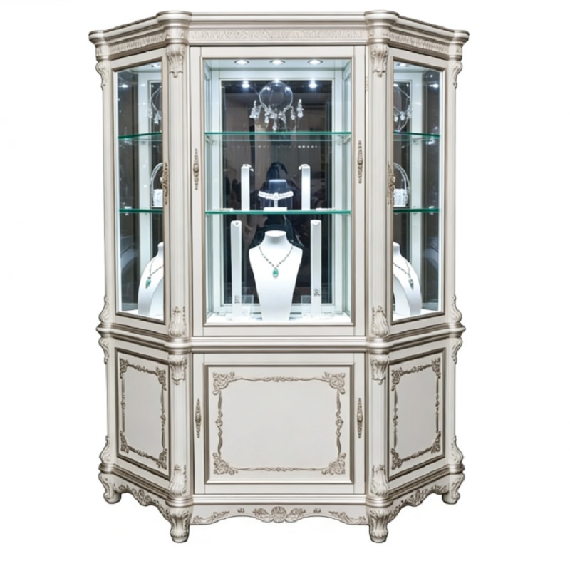 French Baroque Hexagonal Jewelry Display Cabinet | Ivory White Gold Carved Frame | Multi-Sided Glass Showcase Built-in LED Malls