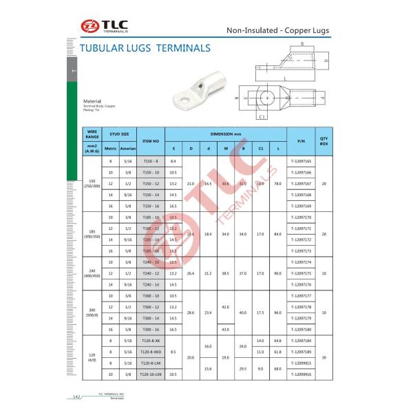 0.5-120mm2 Tin Plated Tubular Cable Lugs For Electrical Connections