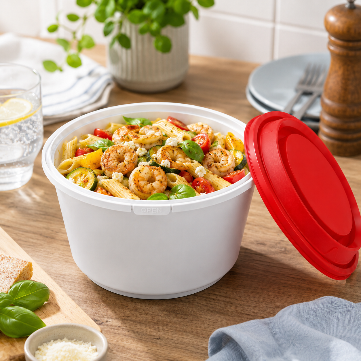 Snap Lock Red Lid Tamper Evident Container 1588ml Extra Deep PP Family Meal Bowl