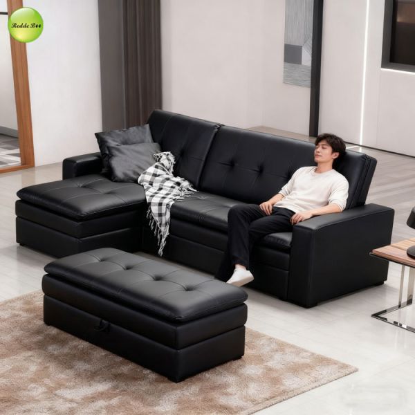 Multi-Functional PU Leather L-Shaped Corner Sofa For Living Room Convertible Sleeping Foldable Sofa Bed with Storage Chaise & Ottoman