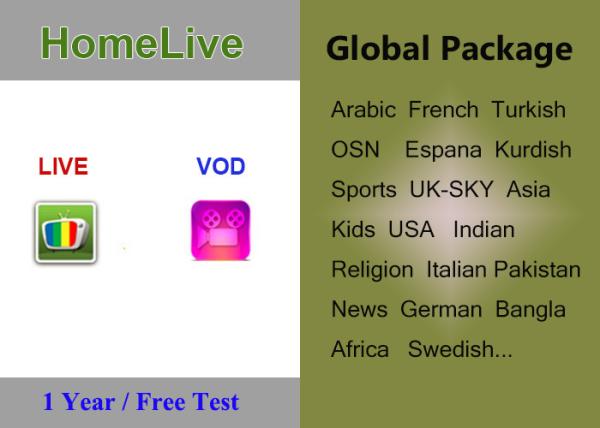 Global package homelive iptv apk for arabic europe usa indian uk italian German OSN sports channels and vod channels