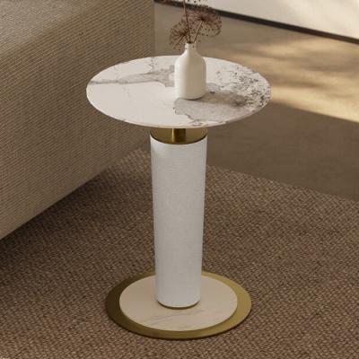 Mesa de ponta de cerâmica branca escovada com base de perna de aço inoxidável