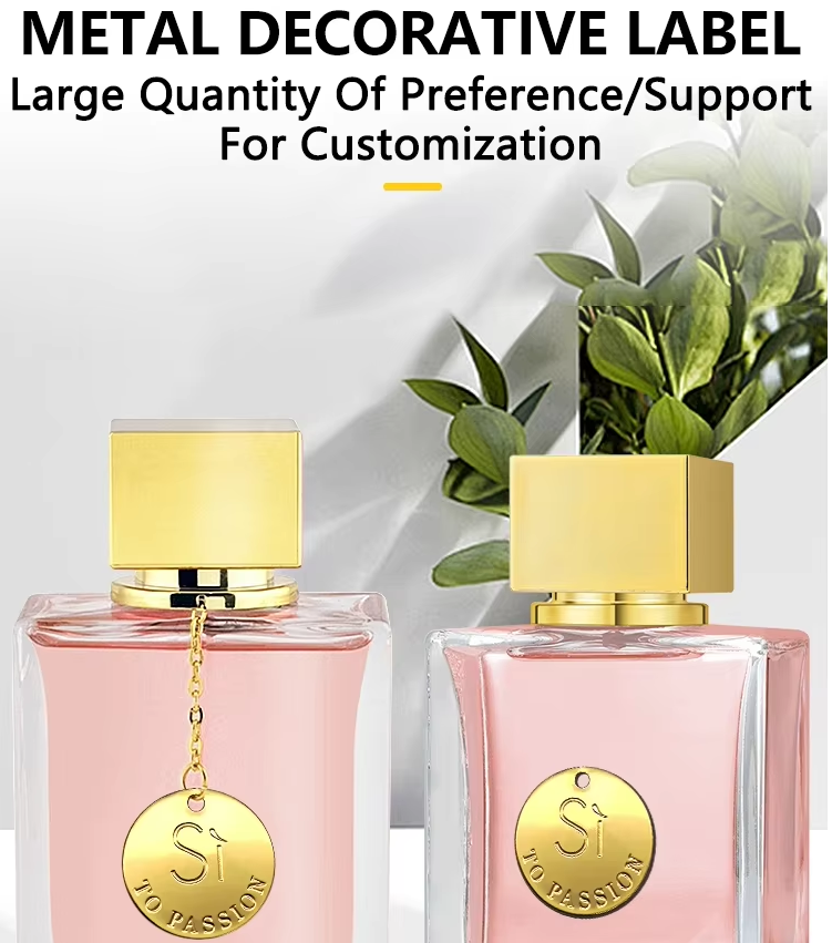 Custom Luxury Logo Charm Label Hang Tag Etching Embossed Private Gold Metal Branding For Decoration and Perfume Bottle