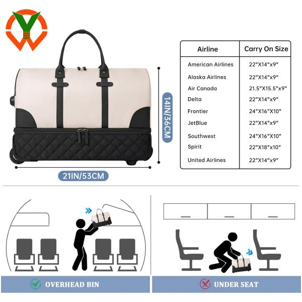 21 Inch Large Capacity Rolling Travel Bag With Shoe Compartment And Wheels For Women