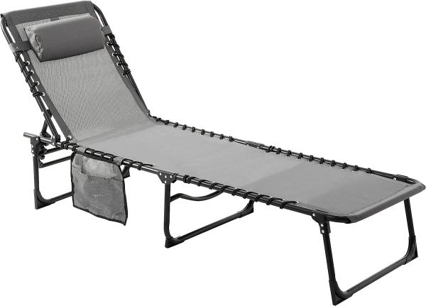 Folding Outdoor Chaise Lounge Chair, 5-Position Adjustable Beach, Sunbathing, Patio, Pool, Lawn, Lay Flat Portable