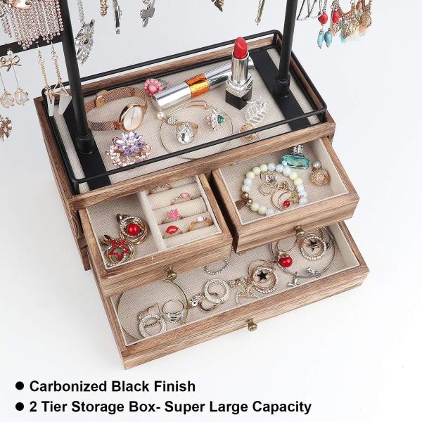 Plain Wooden Box Custom 6 Tier Jewelry Tree Stand with 2 Layer Jewelry Drawer Storage