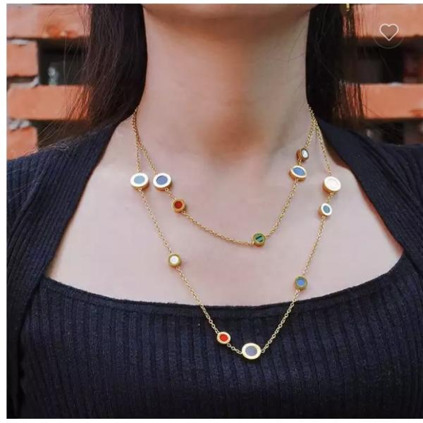 Multicolored Marble Stack Wearing Long Necklace 18K Gold Stainless Steel Necklace