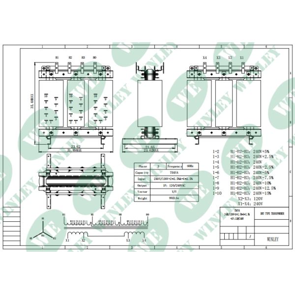 75kVA Three-Phase to Single-Phase Dry-Type  VPI Transformer 240V to 120V Class C Insulation