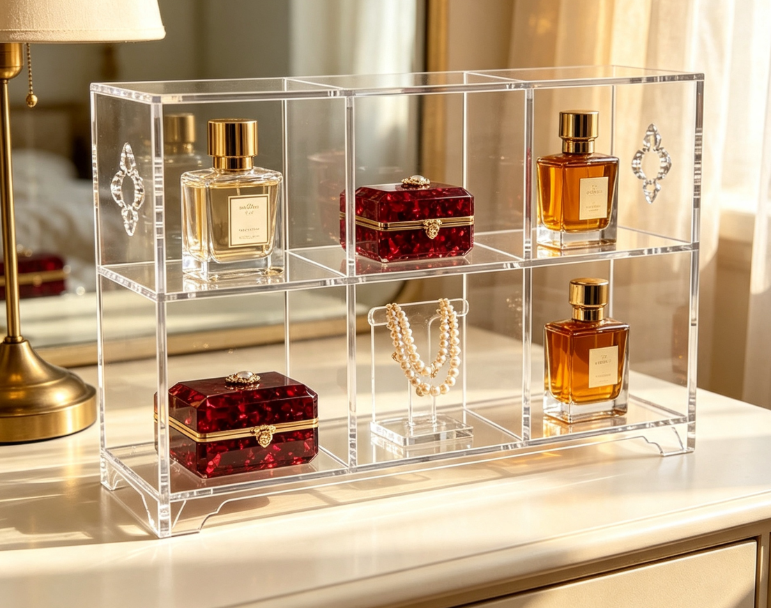 Clear Acrylic 6 Compartment Display Stand, Luxury Desktop Organizer for Perfume, Jewelry, Teaware & Premium Collectibles