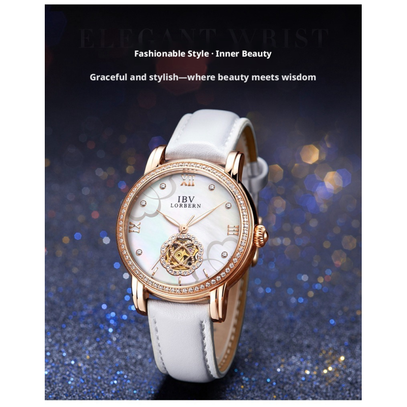 Rose Gold Skeleton Mechanical Ladies Watch Mother Of Pearl Dial Crystal Bezel Genuine Leather Strap 3 Colors Luxury Women Dress Wrist Watch Gift