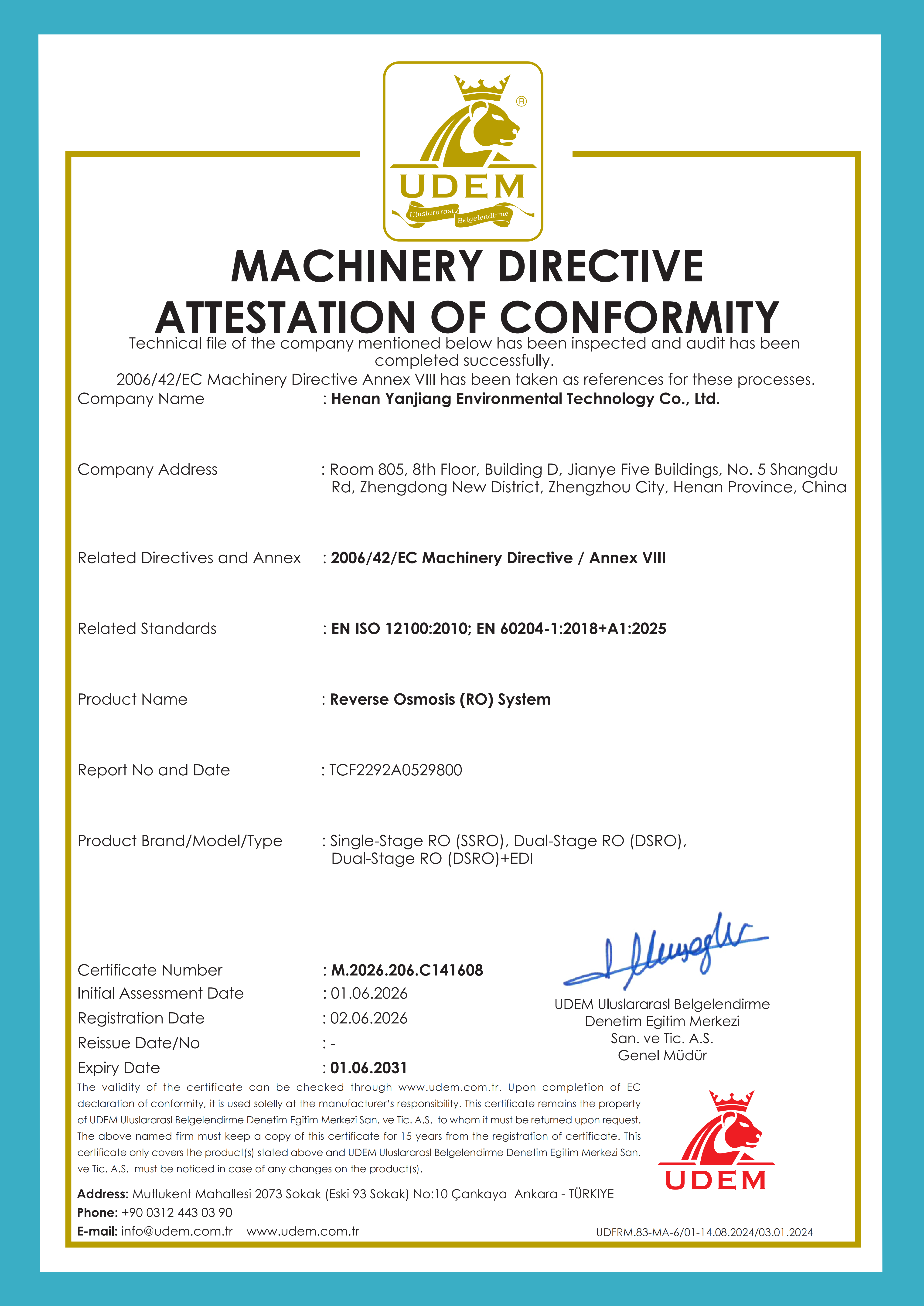 Henan Yanjiang Environmental Technology Co., Ltd. Certifications