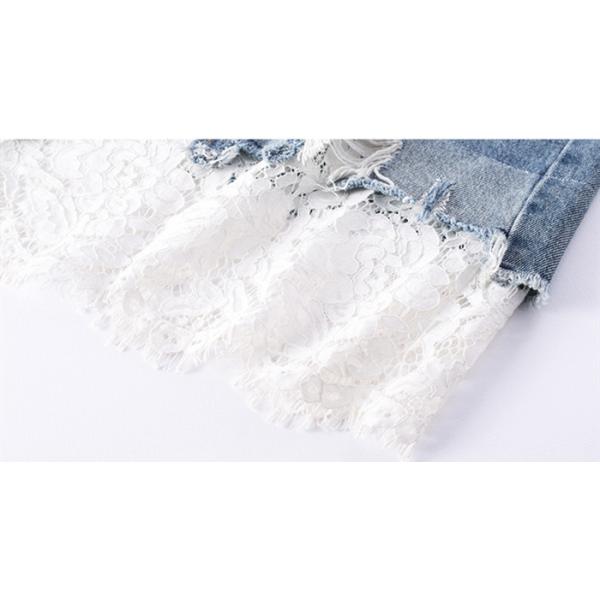 Lace Hem Women Patch Pocket Rips Denim Short Skirt
