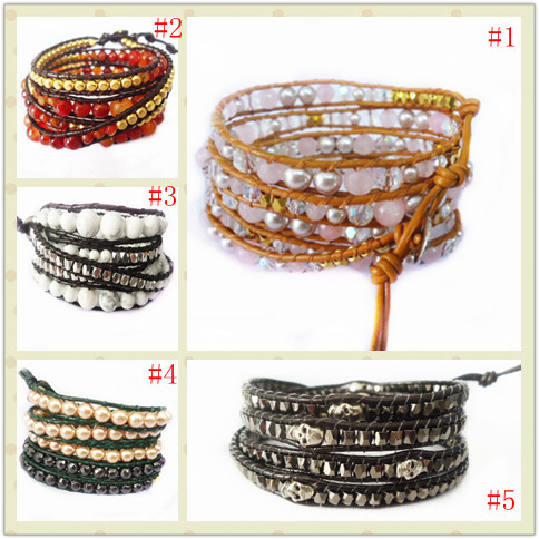 82cm 5 rows Pearl beads Leather Wrap Bracelet / Semi Precious Beads Bracelet Wholesale