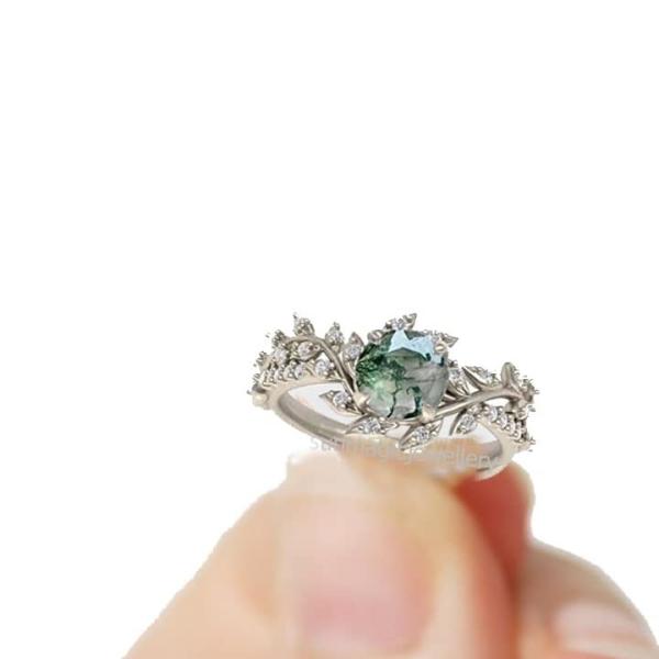 La feuille forment la bague de fiançailles nuptiale argentée de Mossagate de pierre centrale de 925 Sterling