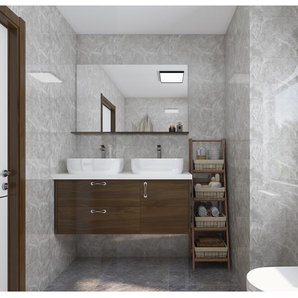 Vanidade de banheiro de lavatório único com um armário de espelho inteligente e acabamento de cromo