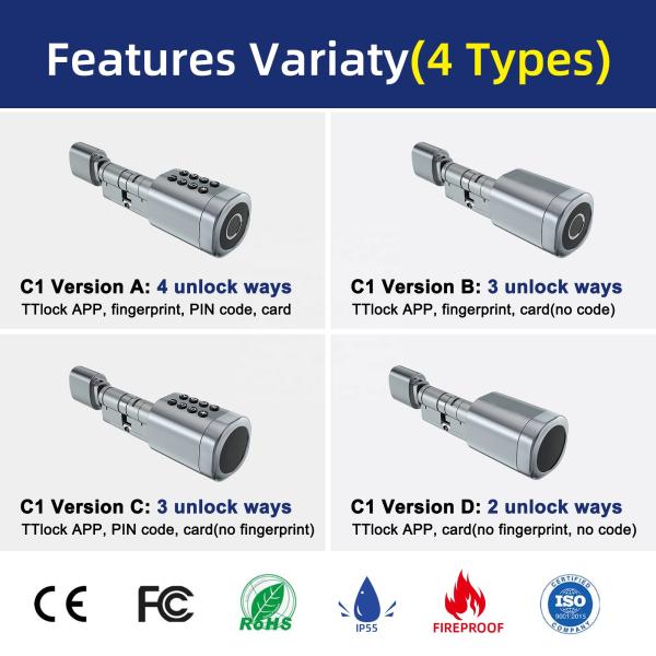 Adjustable Smart Cylinder Lock with 30~130mm Door Thickness and 1 Year Battery Life for Secure Home Office Access
