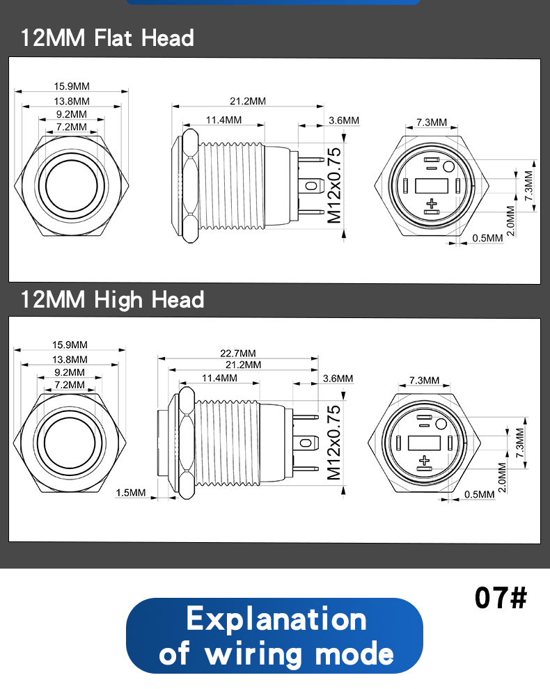 YZ 12mm Metal Push Button Switch Momentary 1NO Oxidized Black Shell High/Flat Head IP65 3A 4-Pin Power LED 6V-220V 100000