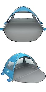 Beach Tent Sun Shelter - Portable Sun Shade Instant Tent for Beach Carrying Bag, Stakes, 6 Sand Pockets, Anti UV