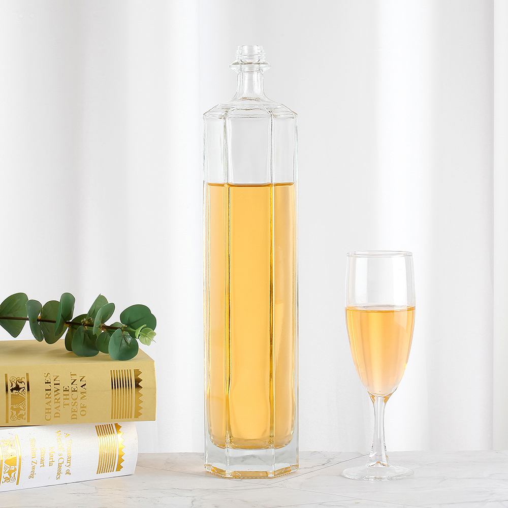 Hexagon Shape Custom Glass Bottles 700ml 750ml With Aluminum Crown Cap