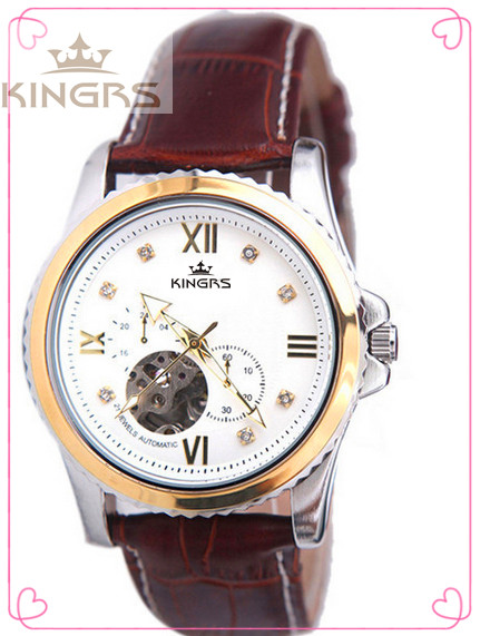 Leather Band Mechanical Automatic Watches With Stainless Steel Case