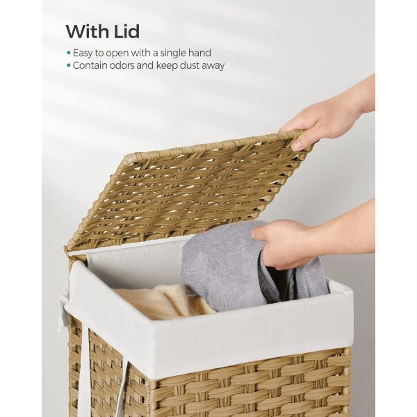 Laundry Hamper With Lid, 23.8 Gallon (90 L) Synthetic Rattan Clothes Laundry Basket With Lid And Handles, Foldable, Removable Liner, Goose Yellow