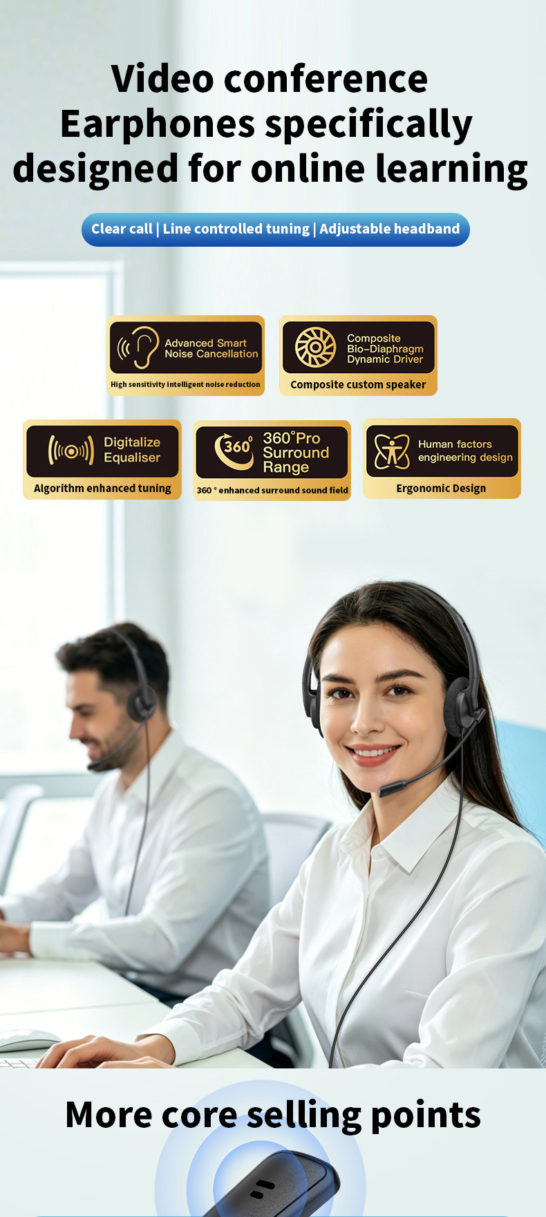 Lightweight wired telephone headset with ENC noise‑cancelling flexible boom microphone. Supports USB, Type‑C & 3.5mm jack, perfect for call centers, remote work, online meetings and classes,OEM & ODM
