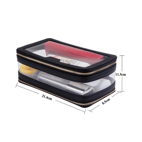 Leather Trimmed PVC Cosmetic Bag Double Zippers