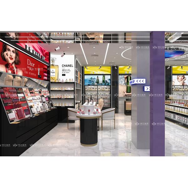 Diseño de tienda de cosméticos, estantería negra y dorada para perfumes, muebles de exhibición minorista, diseño de tienda que ahorra espacio