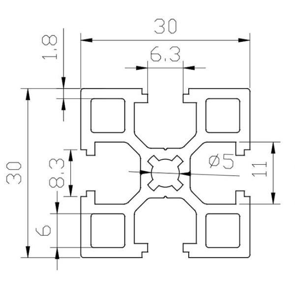 30 * 30 Extruded Aluminum T Slot Profile 5.0mm Hole International Standard For Lifts