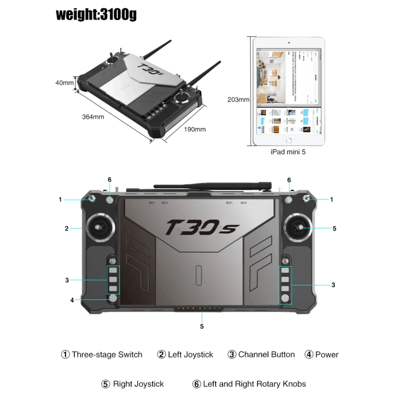 T30S Rugged Handheld Drone Ground Control Station System Dual Screen Remote Controller GCS Search Rescue Wildlife Monitoring UAV