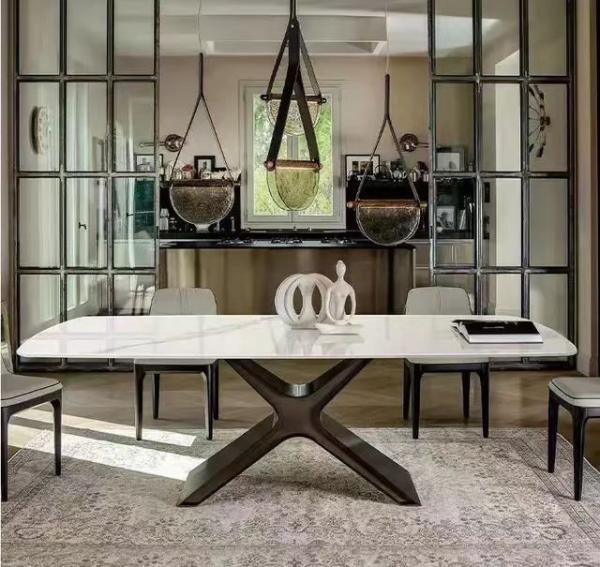 Elegant Appearance Ceramic Marble Dining Table With Stainless Steel Legs Rectangle Shape