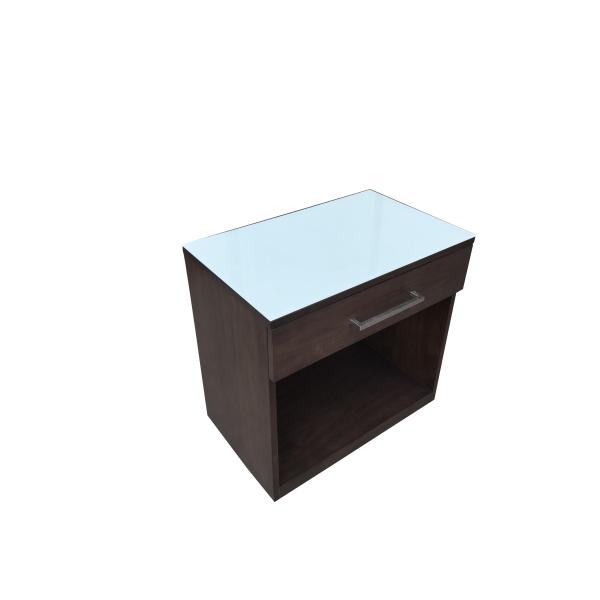 White back painted tempered glass top walnut wood veneer 1-drawer night stand for hotel bedroom,hospitality casegoods