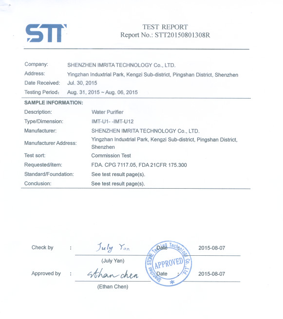 Shenzhen Imrita Technology Co., Ltd. Сертификации