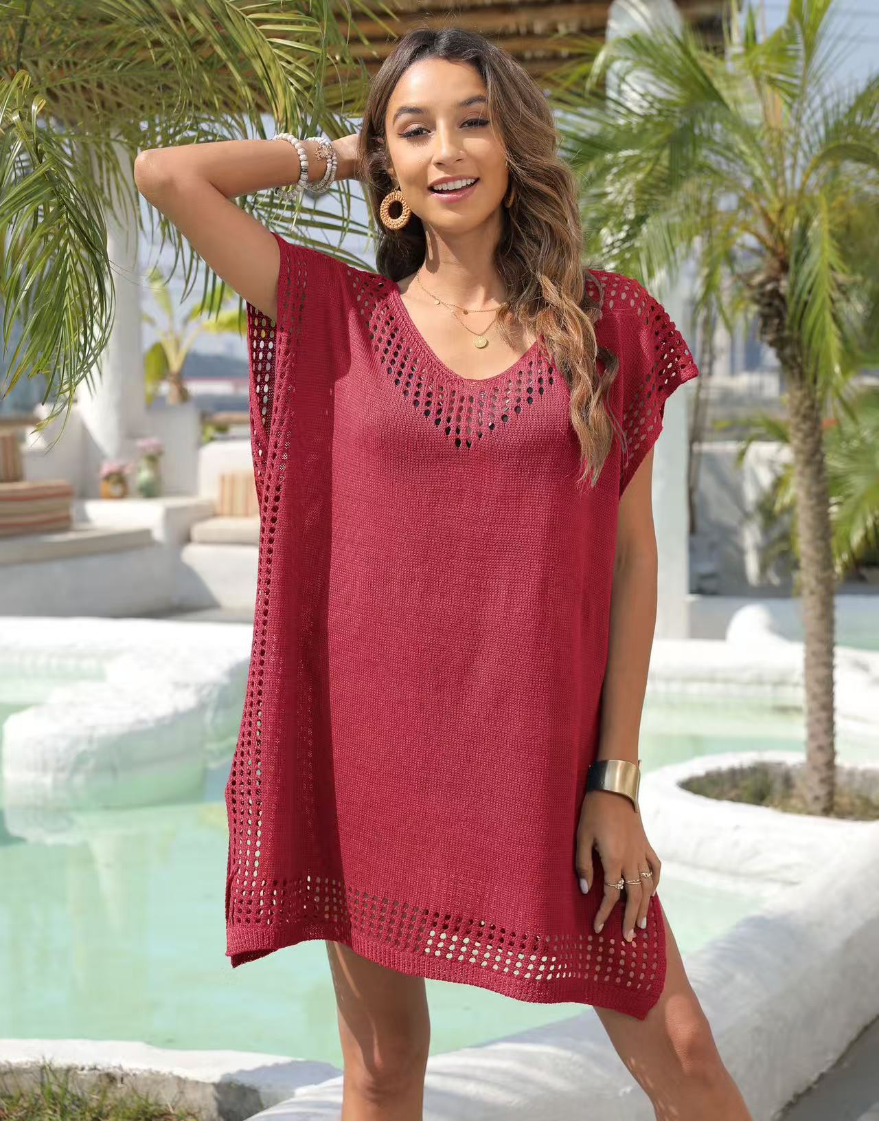 V-neck Hollow-out Stitching Loose Beach Dress for Seaside Vacation Cover-up