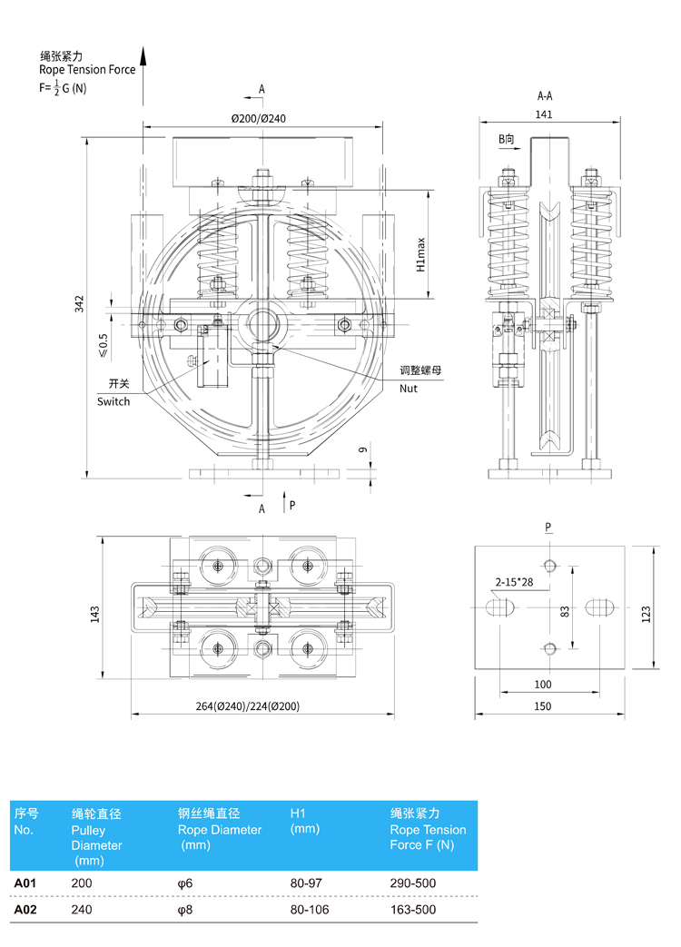 Lift Tension Device Elevator Safety Component for Ø150/200/240mm Sheave Diameter with 6/8mm Rope Diameter and 12 Months Warranty