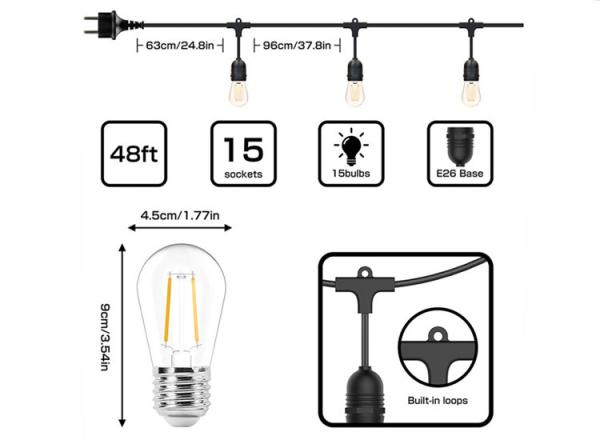 S14 Outdoor Waterproof Lamp String 15M 15 Head Festival Decoration Outdoor Waterproof Lamp String