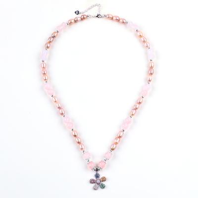 Colar de água doce de pérola de quartzo rosa 6 mm de contas de cristal Colar de suéter