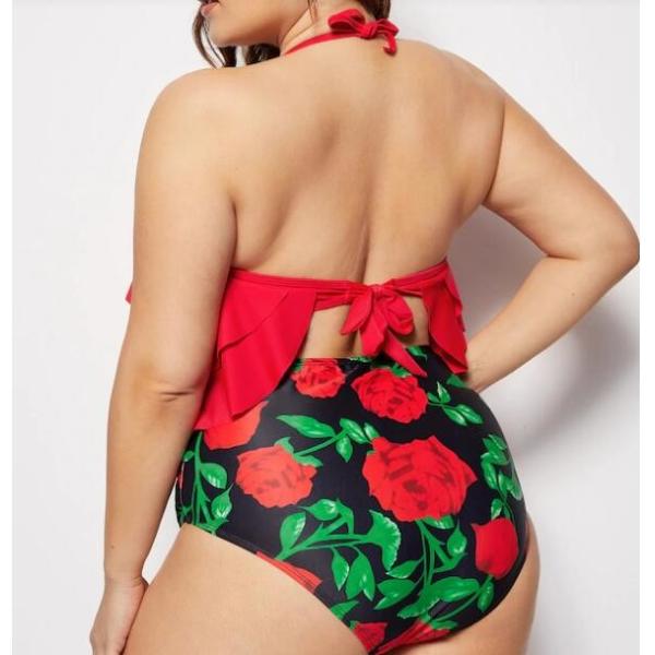 Big Size Wrap Halter Top With Floral print Bikini Set Swimwear Women size 3XL