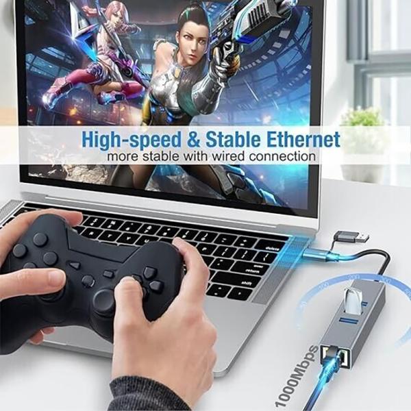 USB Type-C to Ethernet Adapter with 14 USB Ports 1000 Mbit/s Gigabit RJ45 LAN Hub