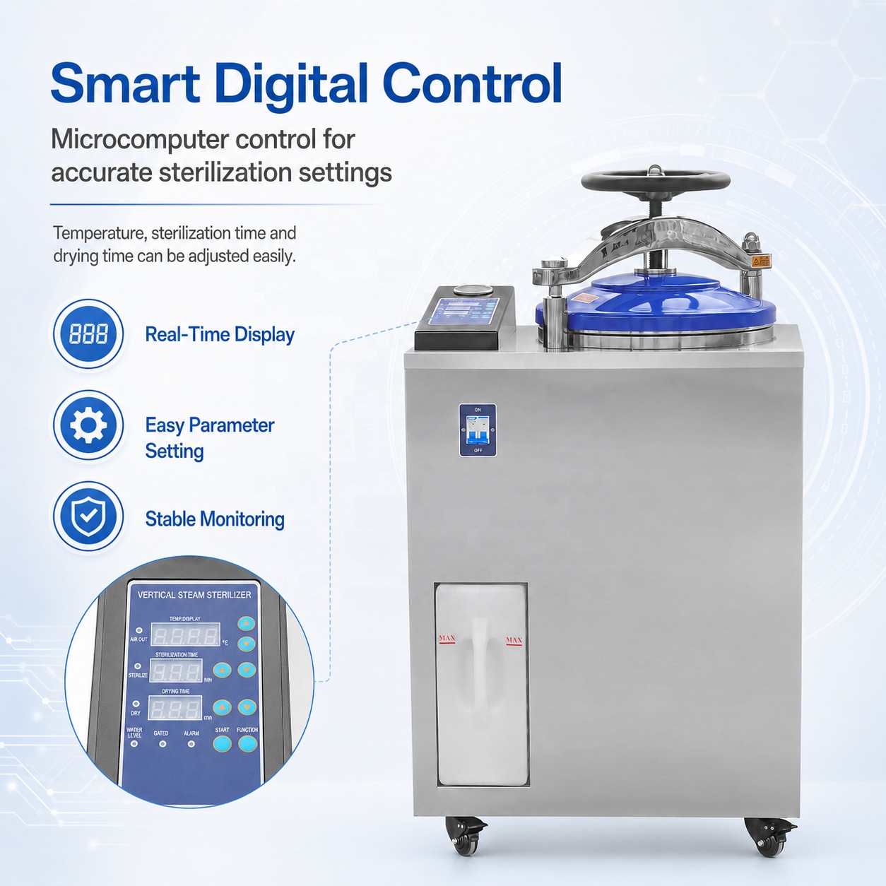 Cenlee OEM Laboratory Internal Cycle Steam Sterilizer 35-100L SUS304 116-134°C Digital Control Vertical Autoclave